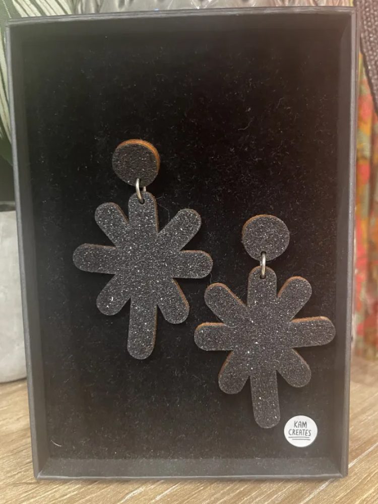 Handmade sparkly wooden cut pierced earrings in black
