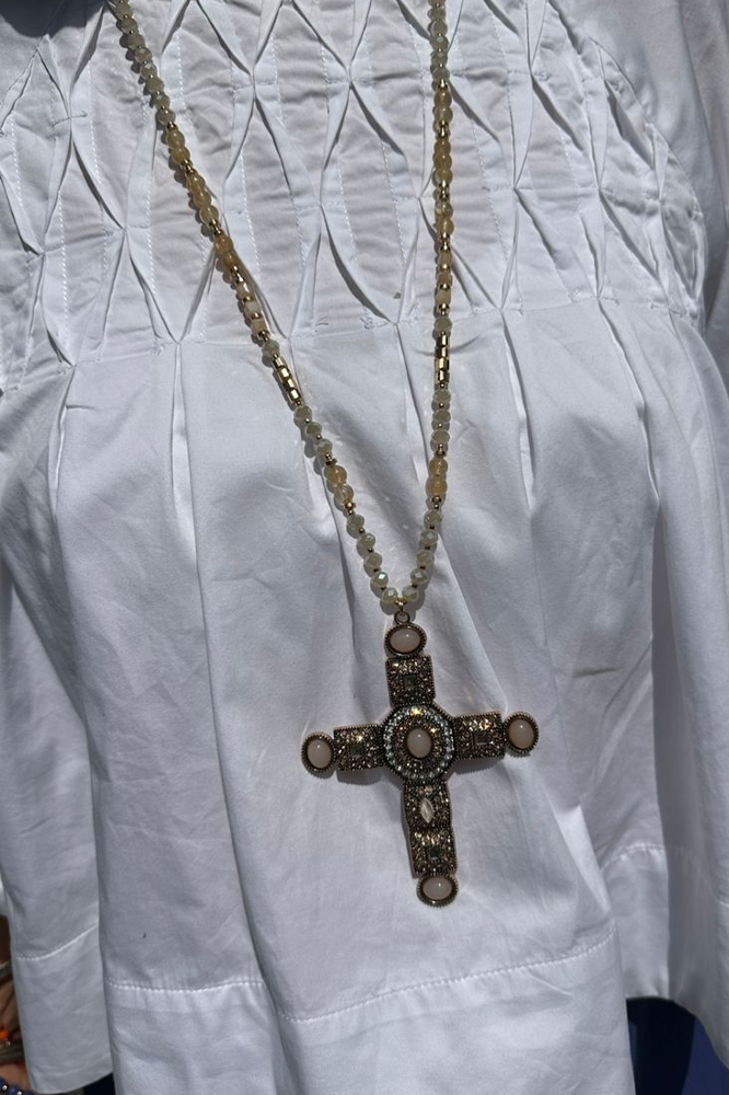 Gold and Pearl Long Cross Necklace