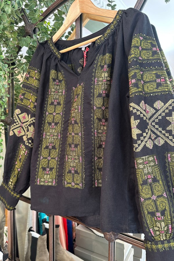 Black and Green Embroidered Blouse