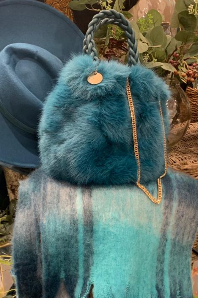 Blue Faux Fur Cross Body Bubble Bag