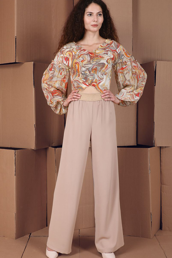 Taupe Trousers with Gold Elastic Waistband